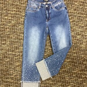 Picadilly Fashion Blue Cropped Jeans with Pearl Accents